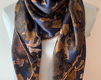 Pure Natural Mulberry Silk Scarf 43" x 43"Large Square Oriental Floral Birds  Navy Rose Gold Silk Neck Scarf Hair Wrap Silk Shawl Scarf Gift