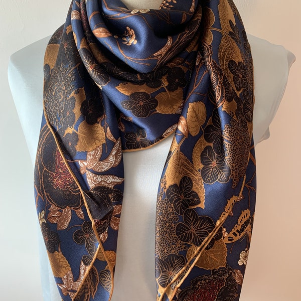 Pure Natural Mulberry Silk Scarf 43" x 43"Large Square Oriental Floral Birds  Navy Rose Gold Silk Neck Scarf Hair Wrap Silk Shawl Scarf Gift