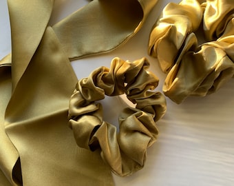 Handmade Mulberry Silk Scarf & Scrunchies Set: Metallic Gold Hair Accessories