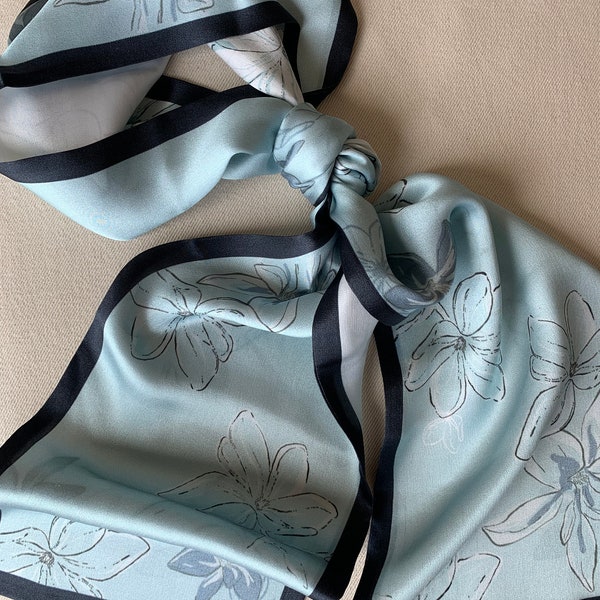 Pure Natural Mulberry Silk Narrow Scarf 59" x 6.6" White Light Blue Navy Border Floral Silk Neck Scarf Headband Hair Scarf Bag Scarf