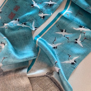100% Natural Mulberry Silk Narrow Scarf 59" x 6.6" Song Dynasty Chinese Painting Cranes Blue Silk Neck Scarf Hair Scarf Silk Scarf Gift