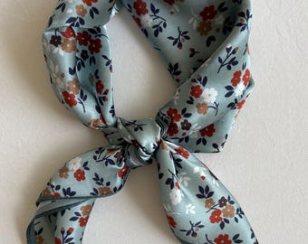 Floral Mulberry Silk Scarf, Blue Grey Neckerchief (21" x 21")