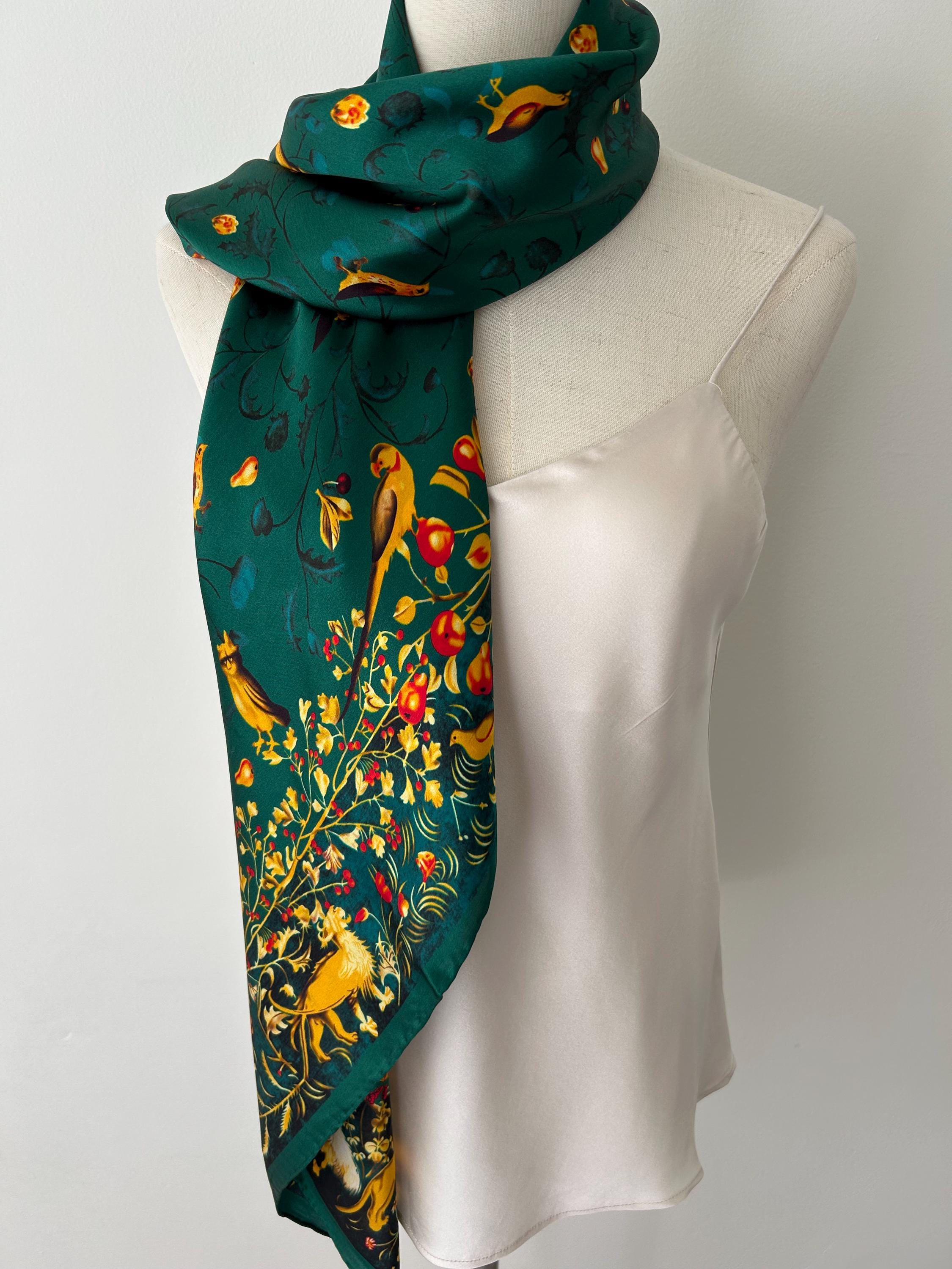 Mulberry Silk Scarf: Emerald Green Forest Animal Print, 43