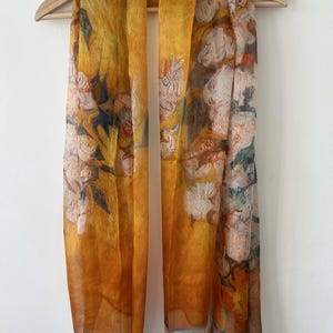 100% Natural Mulberry Silk Chiffon Scarf 69" x 43" Large Silk Shawl Light Sheer van Gogh "Roses" Vibrant Large Chiffon Wrap Scarf Gift