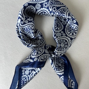 Paisley Mulberry Silk Scarf: Navy & White Neckerchief, Wrist Scarf