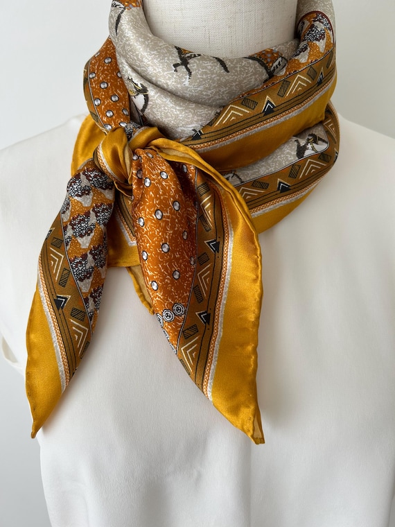 Mulberry Silk Scarf: Ancient Horses Print, Golden Art  display picture 3