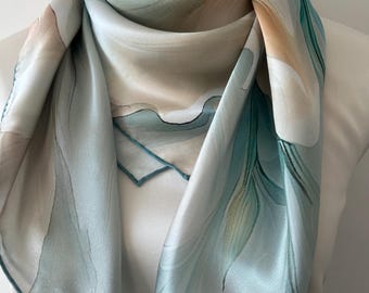 Mulberry Silk Scarf, Blue Floral Neck Scarf (35" x 35")