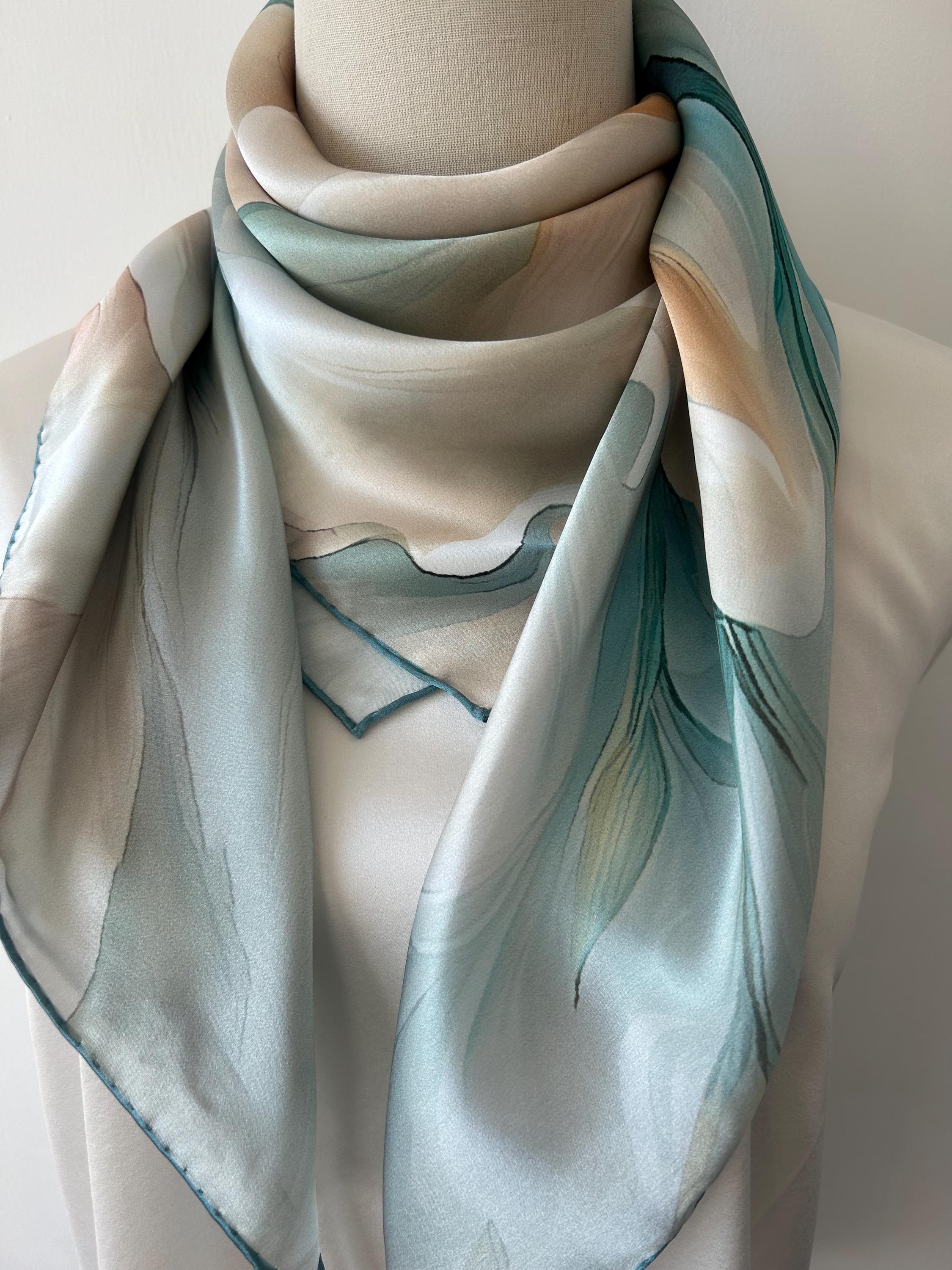 Mulberry Silk Scarf, Blue Floral Neck Scarf (35 display picture 2