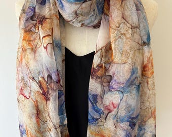 Mulberry Silk Chiffon Scarf: Colorful Artsy Large Shawl, Sheer Wrap Purple Gold Blue