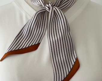 Mulberry Silk Short Skinny Scarf: Beige & Navy striped Neck Bow Bag Accessory 33”x2”