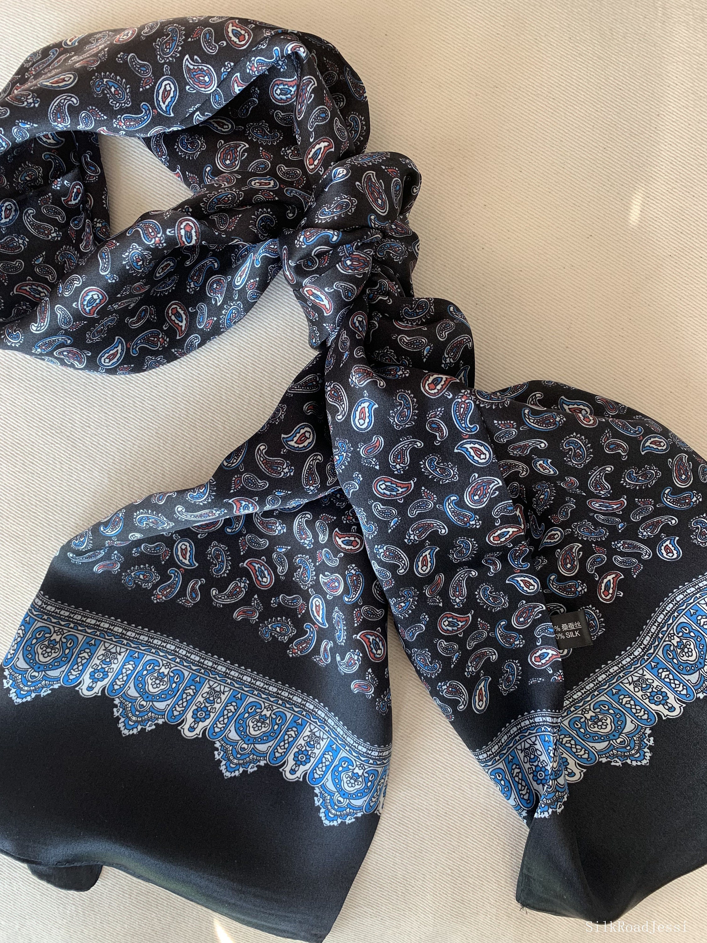 Blue Dot and Paisley Mulberry Silk Neck Scarf Mulberry Silk Scarf: Navy Blue Floral Sketch, 35 main image 2