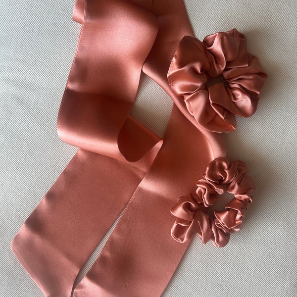 100% Natural Mulberry Silk Handmade Skinny Scarf/Neck/Head band/Pony/Bag Accessory with Two Scrunchies Set Rose Gold All Seasons Gift