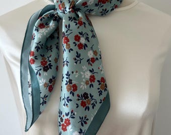 Mulberry Silk Scarf: Floral Print Neckerchief, Blue Grey, 26"
