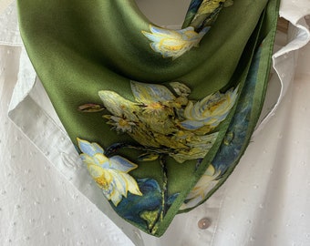 100% Pure Natural Mulberry Silk Small Scarf 21" x 21" Lilies Green Silk Neckerchief Headband Hair Pony Scarf Wrist Scarf Bag Scarf Gift