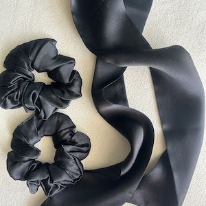 100% Natural Mulberry Silk Short Skinny Scarf Narrow Scarf 39.5"x2.6" Black Neck Scarf Hair Scarf Hair Bow Small Scrunchies Set