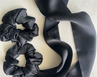 Mulberry Silk Scarf & Scrunchie Set: Black Skinny Scarf, Hair Bow