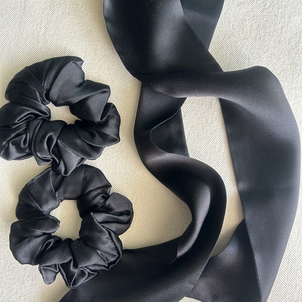 Pure Natural Mulberry Silk Narrow Scarf 39.5"x2.6" Black Silk Neck Scarf Hair Scarf Black Small Scrunchies Silk Accent Silk Scarf Gift Set