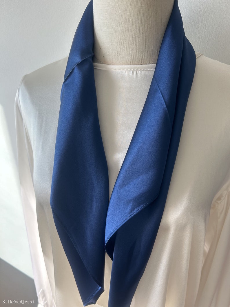 Pure Natural Mulberry Silk Scarf 26' x 26 Medium Dark Blue Plain Silk Neckerchief Hair Scarf Silk Scarf Gift Fashion Scarf for Her Him image 4