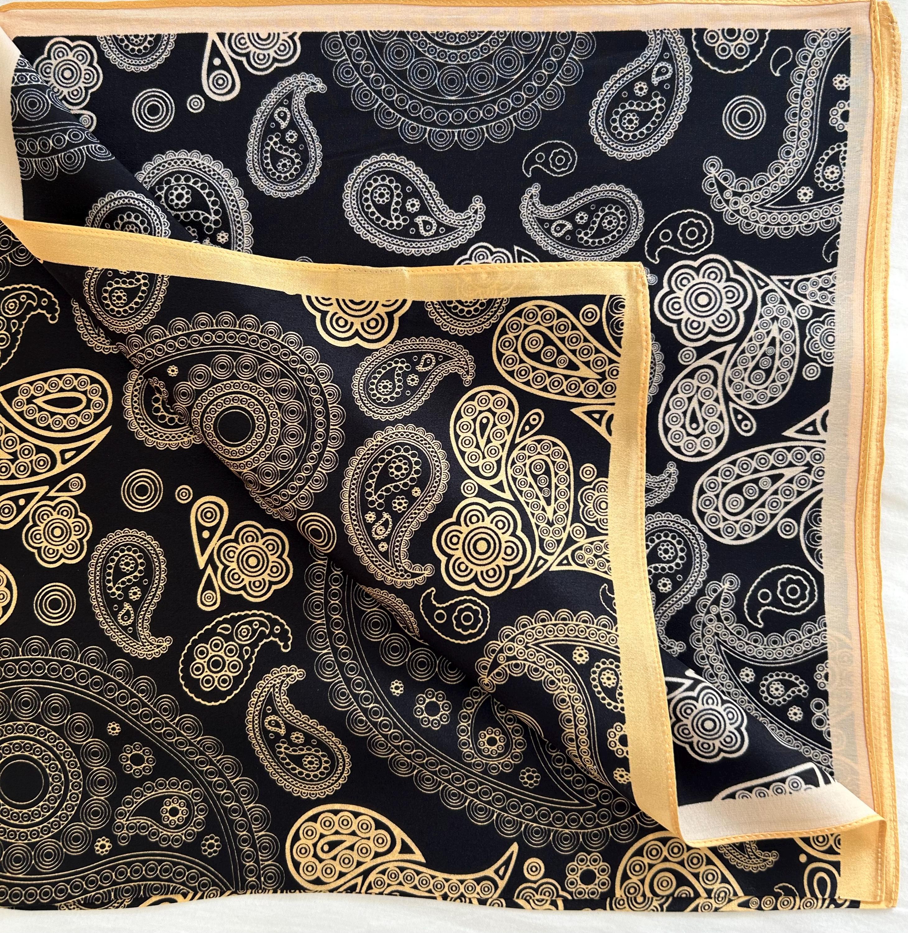 Mulberry Silk Scarf: Gold Paisley Gray Black Neckerchief (26