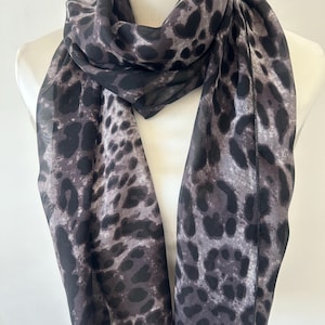 Natural Silk Chiffon Scarf Long Narrow 67&quot; x 14&quot; Sheer Black White Leopard Print Neck Scarf Hair Silk Scarf Gift Fashion Scarf