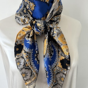 100% Natural Mulberry Silk Scarf 43&quot; x 43&quot; Large Scarf Vibrant Blue Gold Floral Print Neck Scarf Hair Scarf Head Wrap Silk Scarf Gift