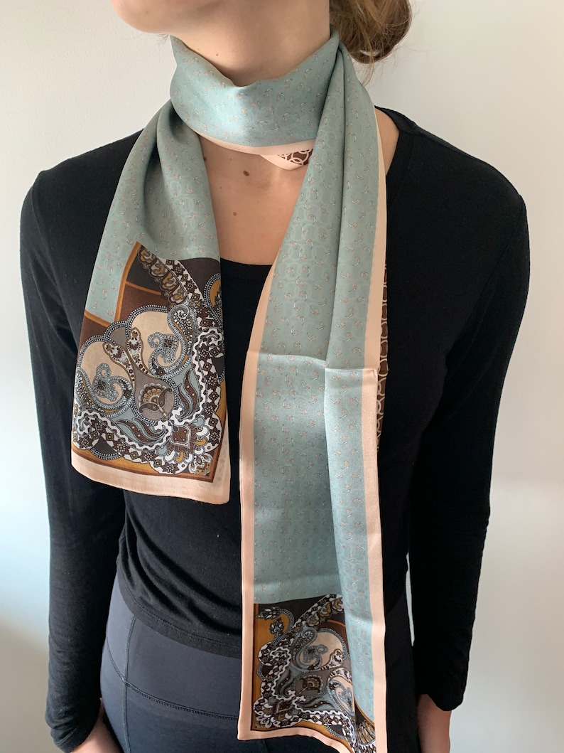 Pure Natural Mulberry Silk Narrow Long Scarf 59 x 6.3 Greyish Blue Brown Silk Neck Scarf Hair Scarf Accent Silk Scarf Silk Scarf Gift image 3