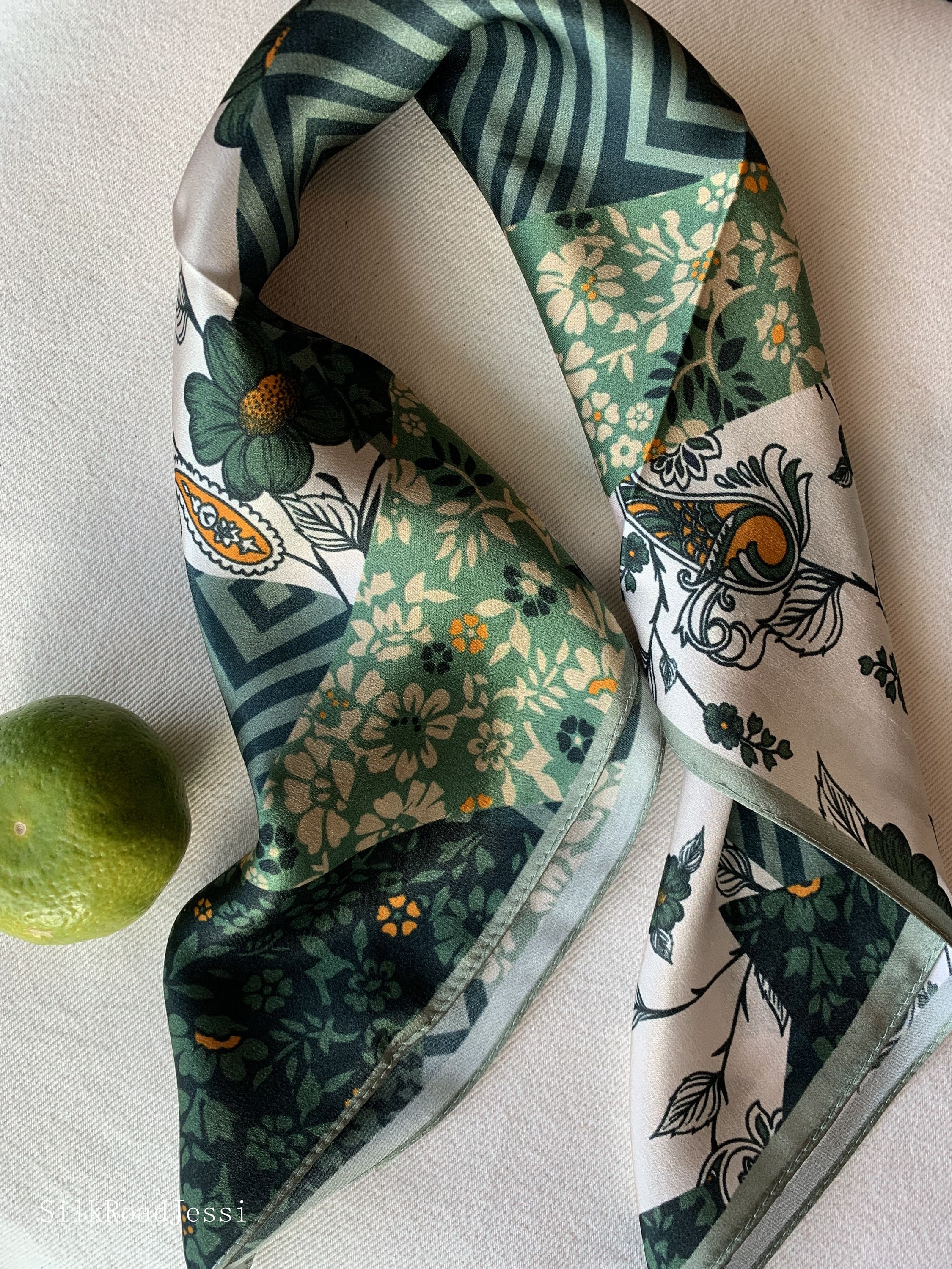 Mulberry Silk Scarf: Green Floral Neckerchief, Hair & Bag