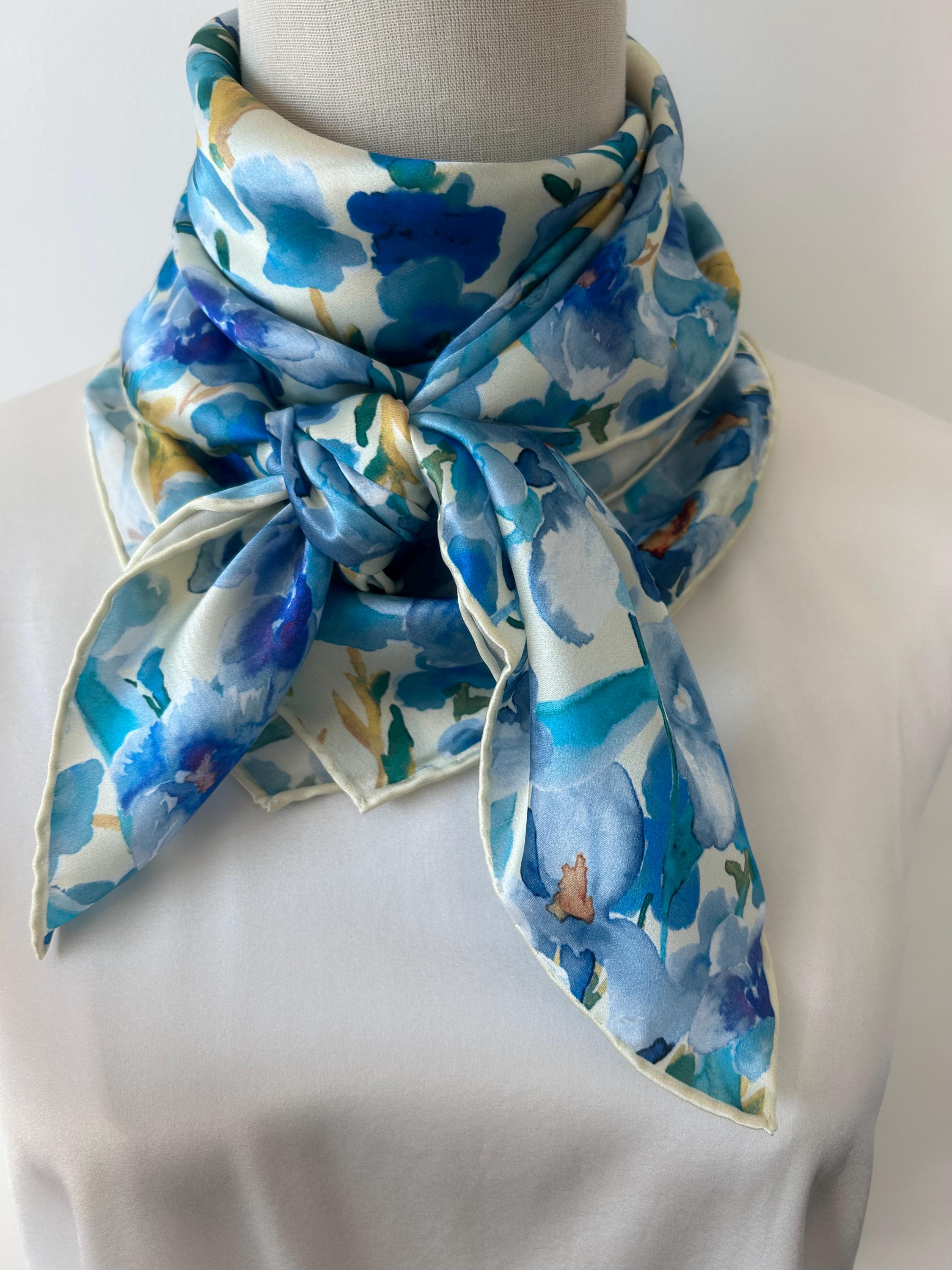 Blue Coffee Mulberry Silk Neck Scarf Mulberry Silk Bandana Square - 100% Mulberry Silk Neck Scarf  main image 2
