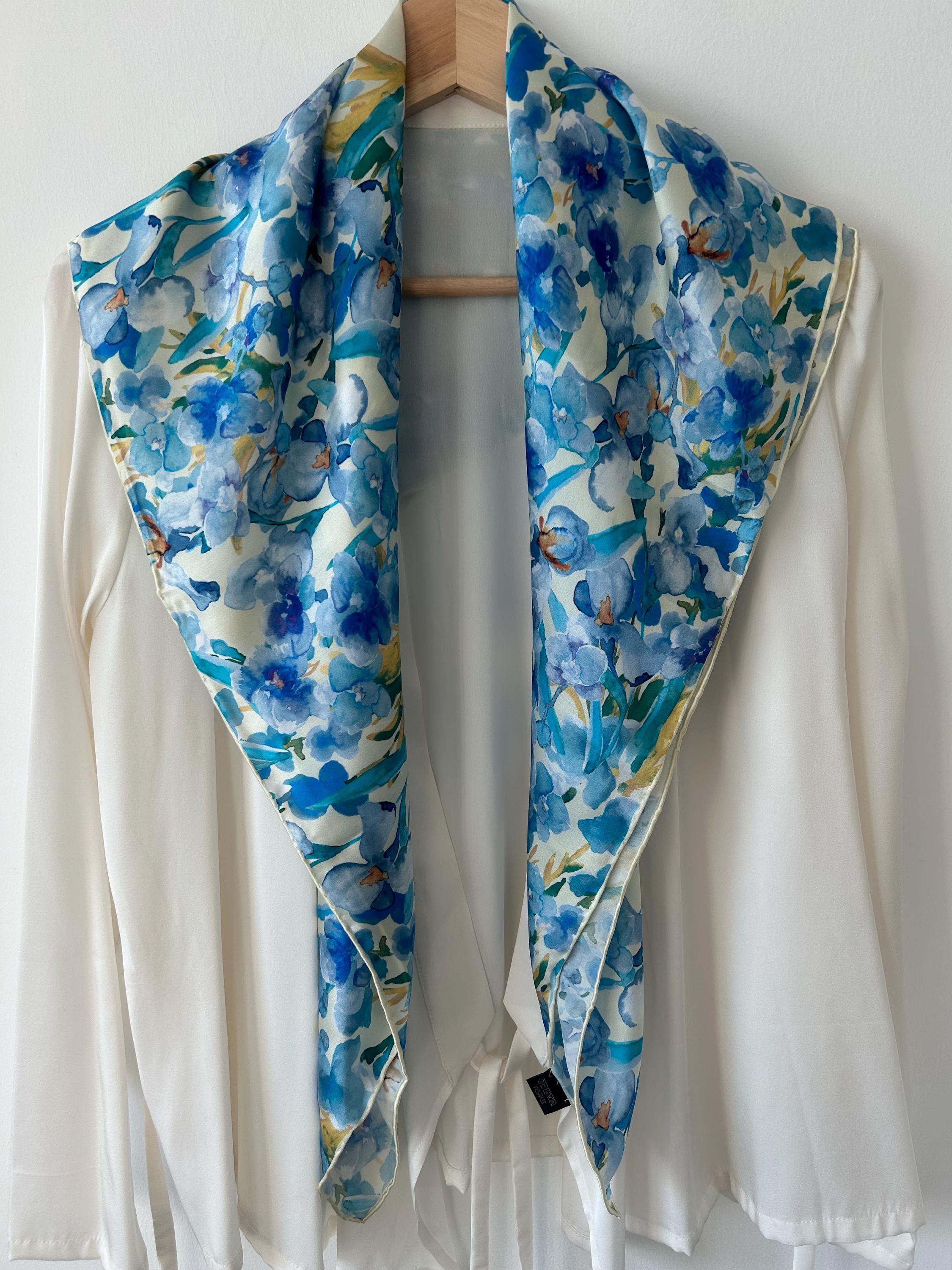 Mulberry Silk Floral Scarf: Light Blue Watercolor Print (35