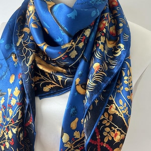 100% Natural Mulberry Silk 43&quot; x 43&quot; Large Square Scarf Vibrant Blue Forest Silk Neck Scarf Head Scarf Silk Hair Scarf Blue Silk Shawl Gift