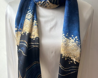 Pure Natural Mulberry Silk Long Scarf 68" x 22" Blue Gold Colorful Silk Neck Scarf Silk Hair Wrap Silk Head Scarf Blue Silk Shawl Gift