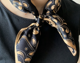 Pure Natural Mulberry Silk 21" x 21" Small Square Silk Neckerchief Silk Hair Scarf Wrist Bag Silk Scarf Black Gold Paisley Scarf