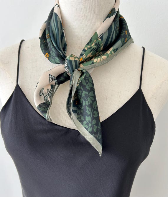 Mulberry Silk Scarf: Green Floral Neckerchief, Hair & Bag  display picture 3