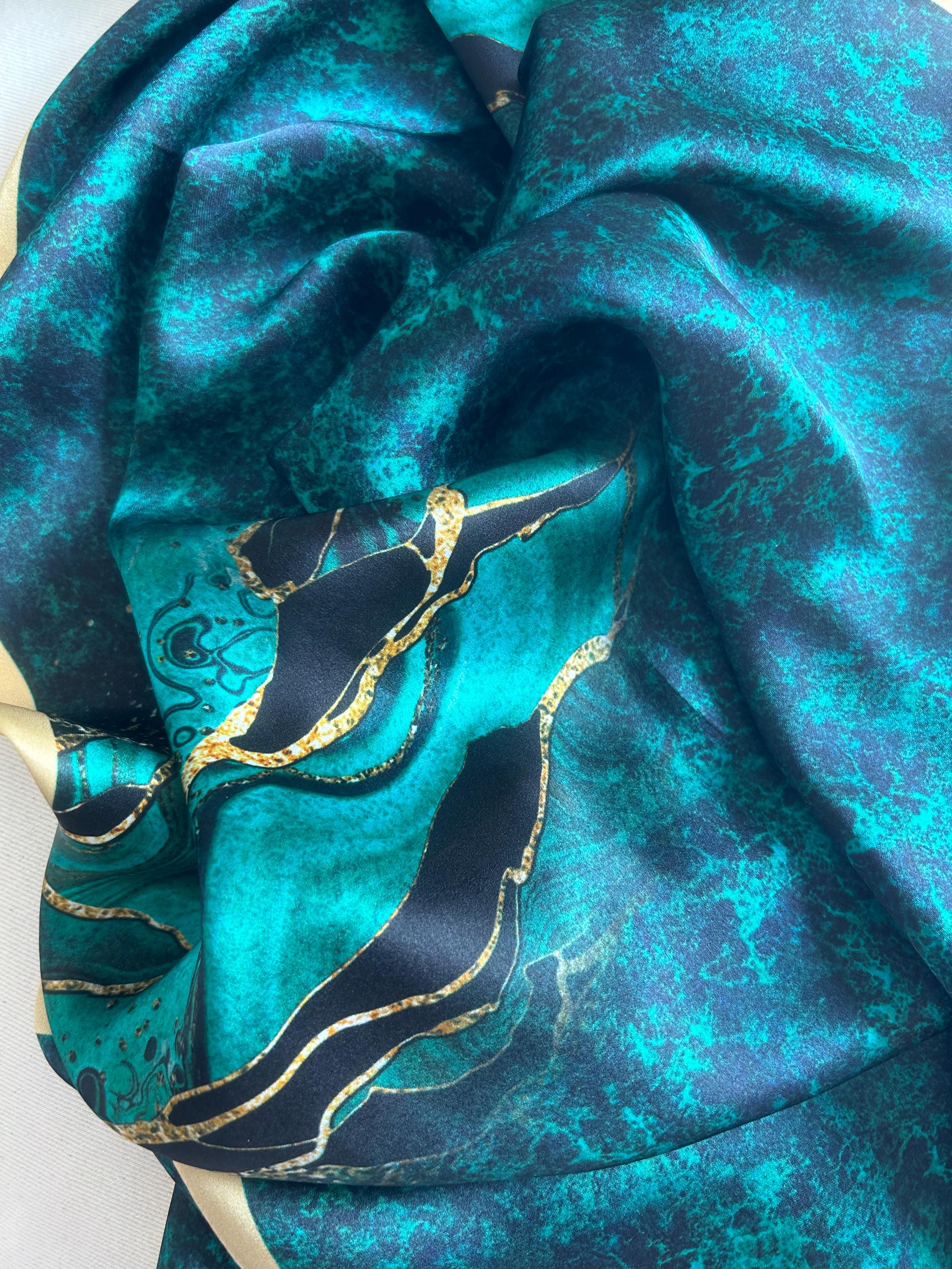 Mulberry Silk Scarf: Emerald Teal Green & Gold Shawl (68 display picture 2