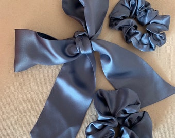 Mulberry Silk Scarf & Scrunchie Set: Greyish Blue Hair Accessories