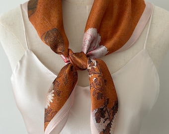 Mulberry Silk Scarf: Copper Orange Floral Neckerchief (26" x 26")