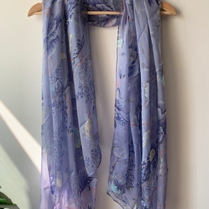 Mulberry Silk Chiffon Scarf: Purple Floral Lightweight Shawl (71&quot;x 43&quot;)