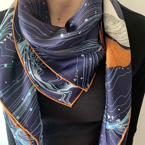 100% Natural Mulberry Silk Scarf 43" x 43" Large Scarf Vivid Lily Dark Navy Blue Orange Silk Neck Scarf Hair Scarf Head Silk Scarf Gift