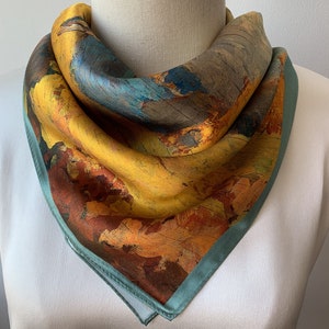 100% Natural Mulberry Silk Scarf 26&quot; x 26&quot; Medium Scarf Colorful Fall Scenery Neckerchief Shirt Scarf Hair Pony Silk Scarf for Her Gift