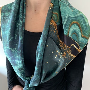Pure Natural Mulberry Silk Scarf 35" x 35" Square Silk Scarf Turquoise Green Gold Silk Neck Scarf Head Scarf Hair Scarf Silk Shawl Gift