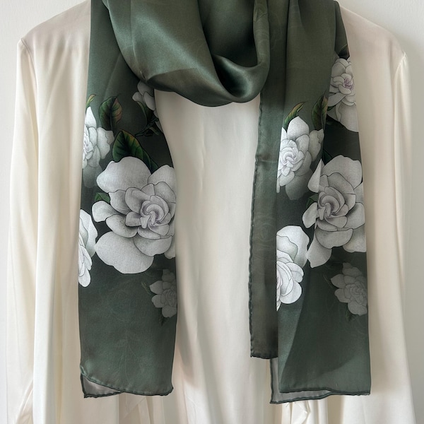 Mulberry Silk Scarf: Sage Green Floral Camellia Print, Hand-Rolled, Oriental Art