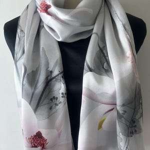 100% Natural Mulberry Silk 68&quot; x 22&quot; Long Silk Scarf Floral Art Pink Grey Silver Magnolia Silk Neck Scarf Silk Shawl Silk Hair Wrap Gift