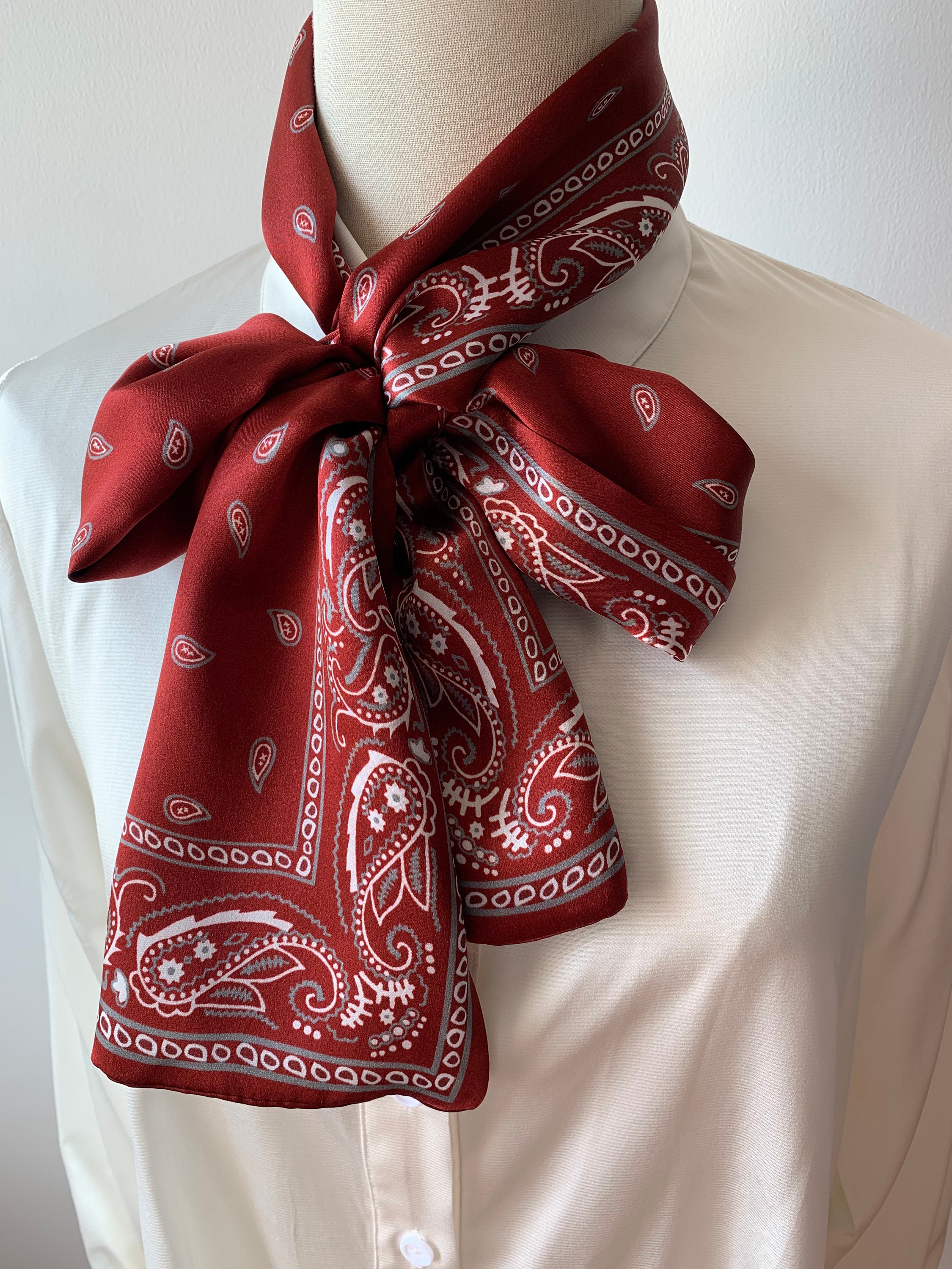 Red Dot and Paisley Mulberry Silk Neck Scarf Mulberry Silk Skinny Scarf: Burgundy Paisley Neck Scarf - Etsy main image 4