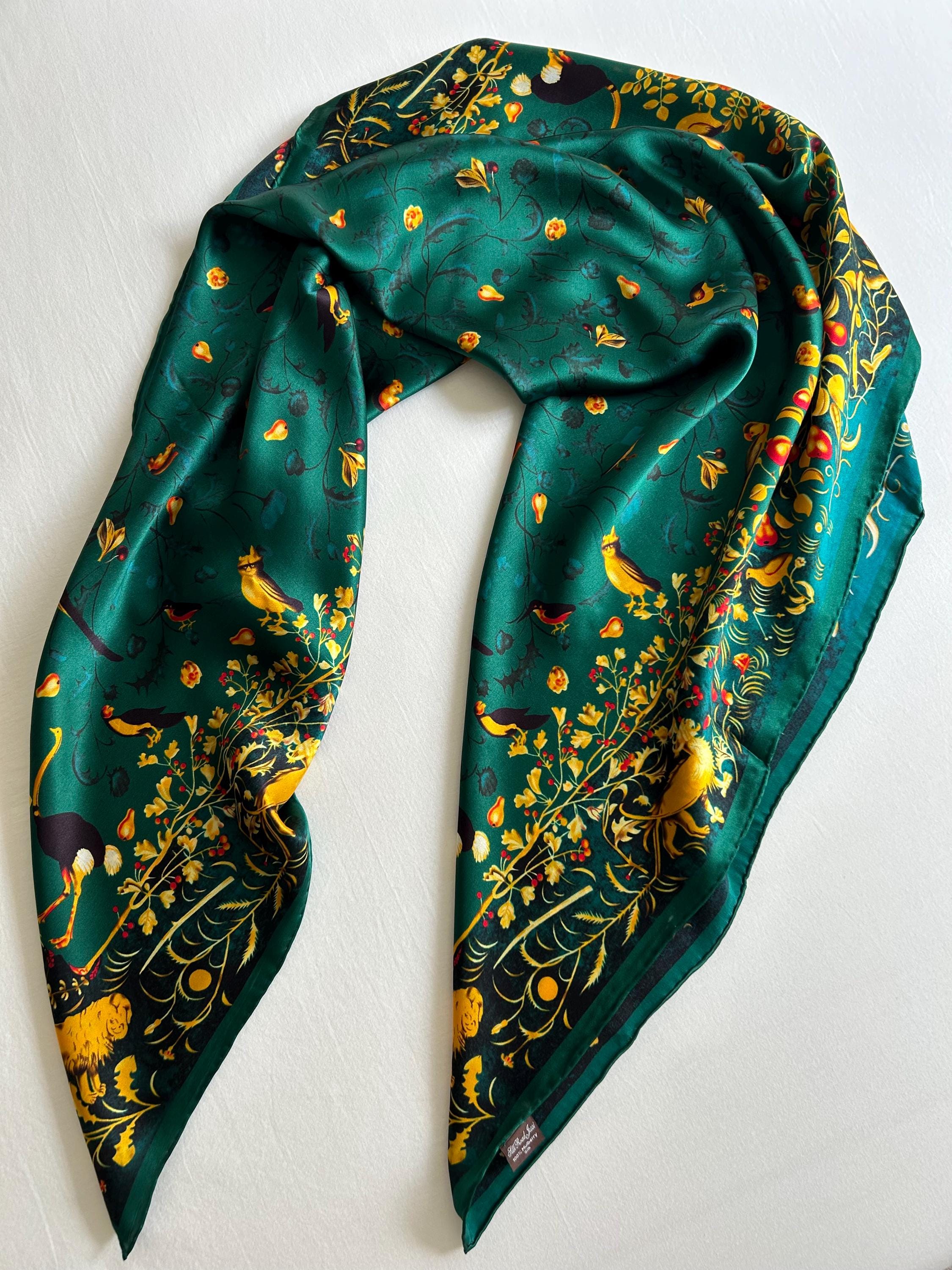 Mulberry Silk Scarf: Emerald Green Forest Animal Print, 43