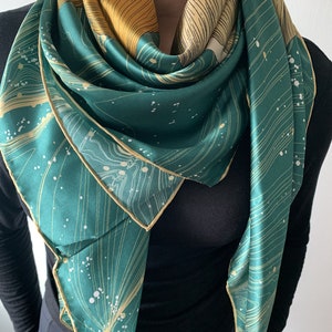 Pure Natural Mulberry Silk 43" x 43" Large Square Silk Scarf Lily Colorful Green Gold Silk Neck Scarf Silk Hair Wrap Silk Shawl Gift