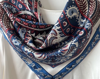 Mulberry Silk Scarf: Blue Red White Print, Large Square 43"