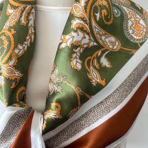100% Natural Mulberry Silk Scarf 35&quot; x 35&quot;  Paisley Print Light Green Silk Neck Scarf Head Wrap Silk Hair Scarf Gift for Her
