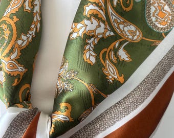 Mulberry Silk Scarf: Green Paisley Print Neck Scarf, 35