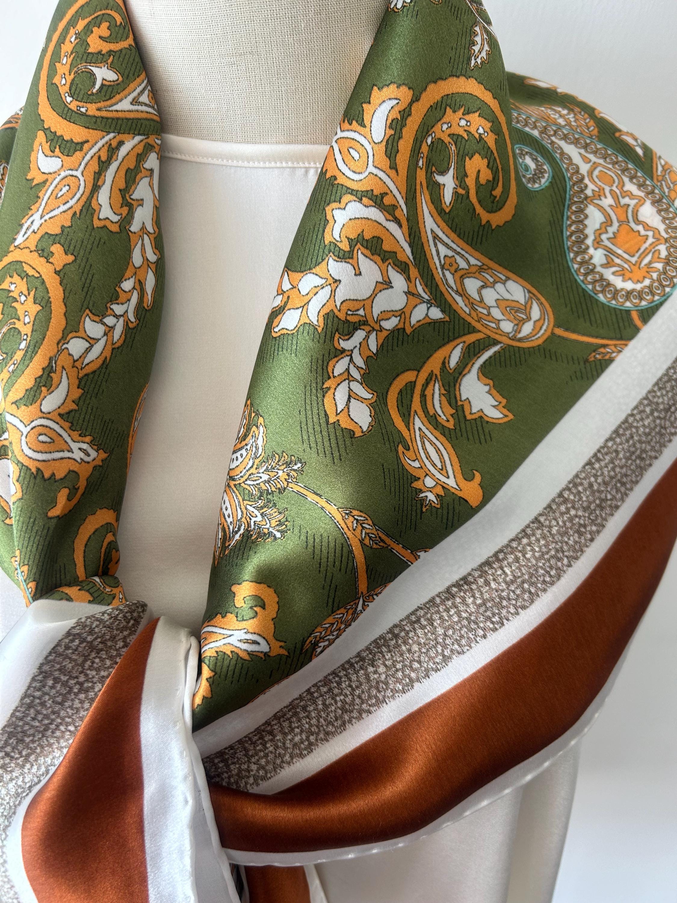 Mulberry Silk Scarf: Green Paisley Print Neck Scarf, 35