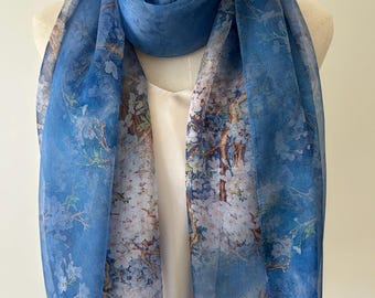 Mulberry Silk Chiffon Scarf: Blue Cherry Blossoms Floral Shawl